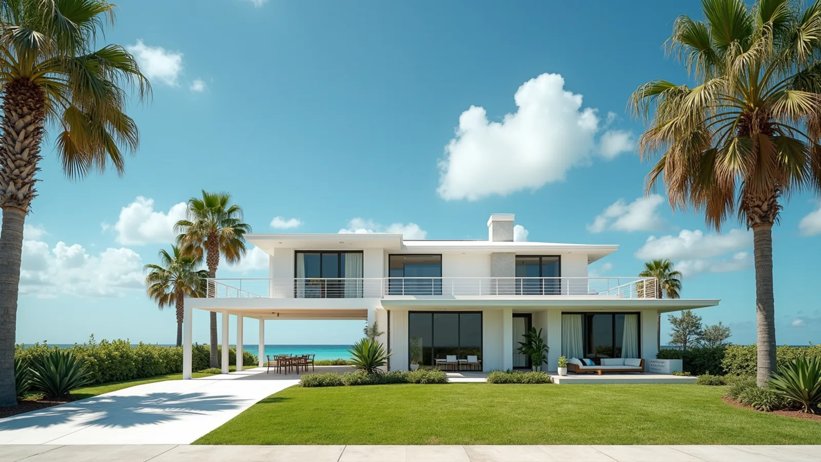 Beachfront home in Sarasota surrounded by palm trees under a clear blue sky