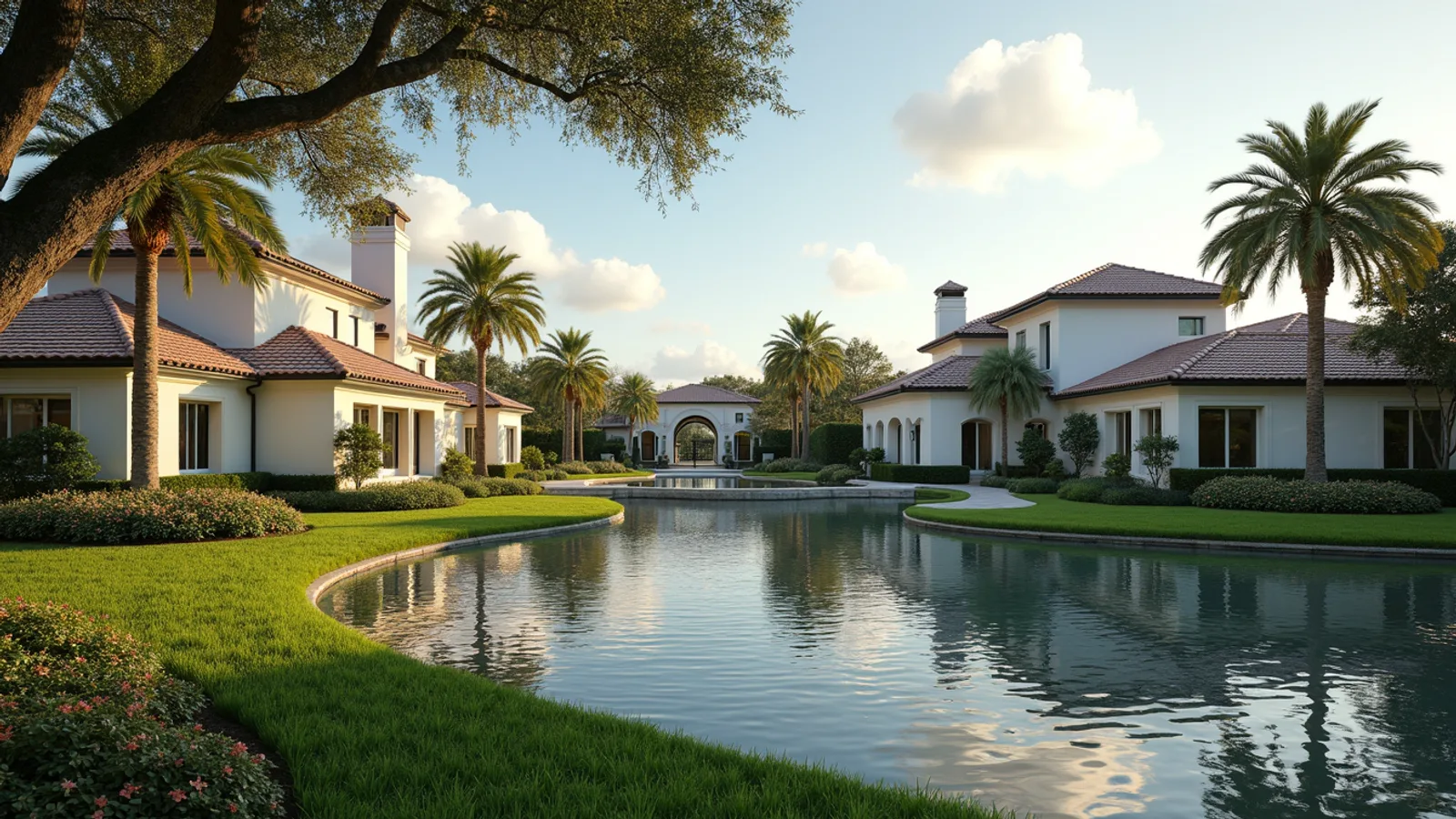 Wide angle view of a luxurious gated community in Sarasota with lush landscaping and elegant homes